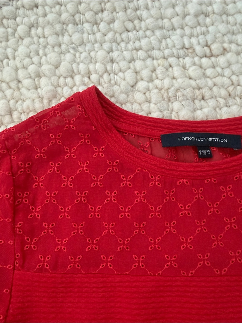 French Connection red short-sleeve mini dress textured sheer yoke ruffled sleeve - Picture 3 of 7